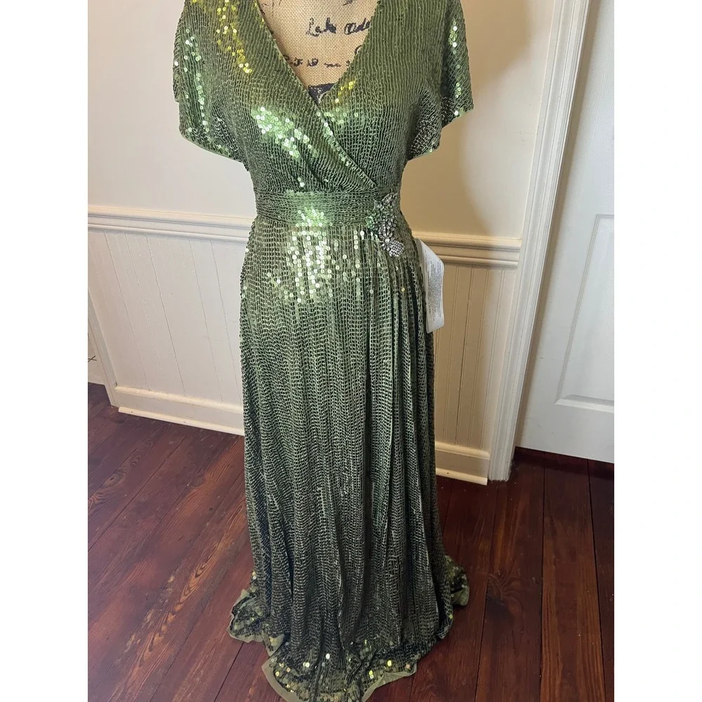 Mac Duggal 10773 size 4 Stunning Olive‎ Green Sequin Wrap Gown Embellished Waist